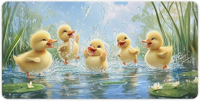 Large Ergonomic Gaming Mouse Pad Playful Ducklings in Pond - Cute Waterfowl Theme with Non-Slip Base Water-Resistant Surface and Stitched Edges 30x60cm
