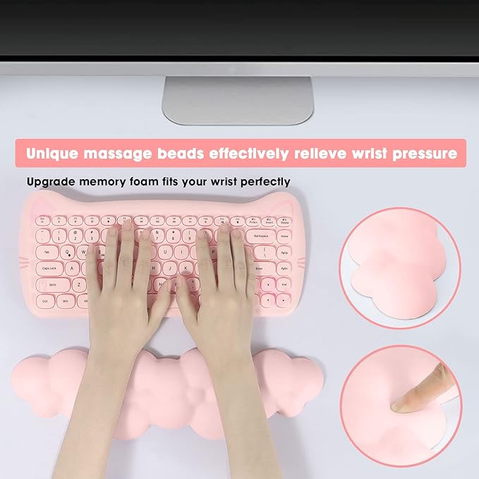 ATTACK SHARK Cloud Mouse Pad Wrist Support and Keyboard Wrist Rest,Ergonomic Design for Typing Pain Relief,Memory Foam Wrist Rest Leather Cup Coaster,Lightweight Desk Gel Hand Wrist Rests(Pink)