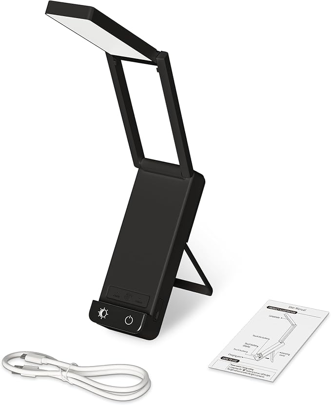 EZVALO LED Rechargeable Desk Lamp, 6000mAh Battery Operated Light, Cordless Table Lamp for Book Reading, Foldable Mini Lamps & Portable, 3 Color Dimmable Small Wireless Reading Lamp, Black
