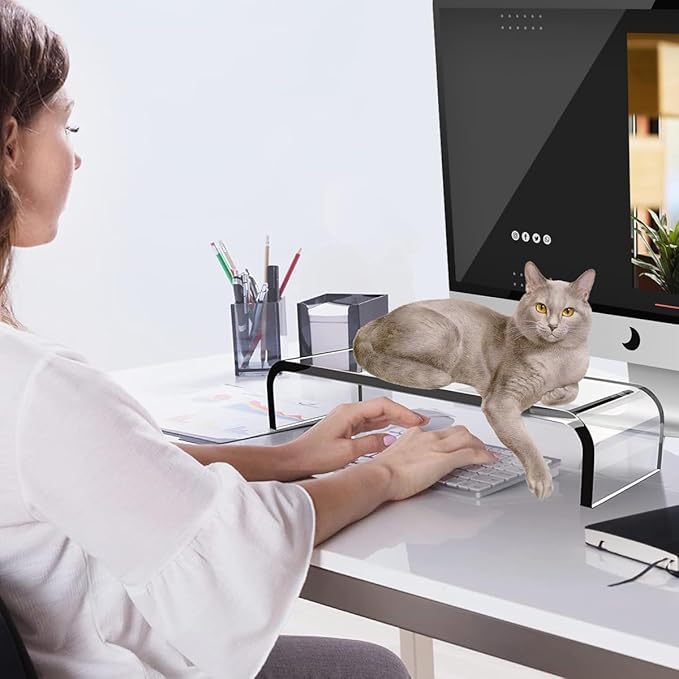 Acrylic Cat-Proof Laptop Stand & Keyboard Protector - 19.7" Clear Monitor Riser with Non-Slip Base for Home Office, Ergonomic Desk Organizer (Supports 50lbs)