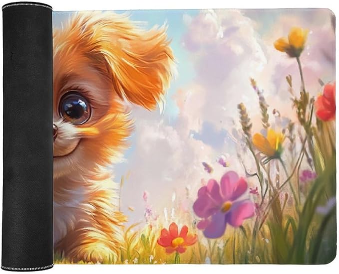 Large Ergonomic Gaming Mouse Pad Charming Fluffy Dog in Bright Meadow - Cute Pet Theme with Non-Slip Base Water-Resistant Surface and Stitched Edges 40x90cm