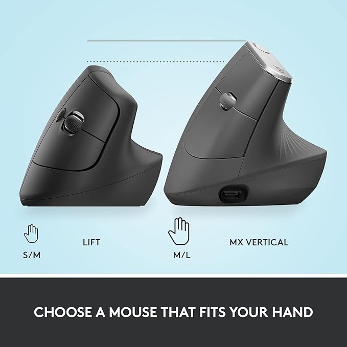 Logitech Lift Vertical Ergonomic Mouse, Wireless, Bluetooth or Logi Bolt USB Receiver, Quiet clicks, 4 Buttons, Compatible with Windows/macOS/iPadOS, Laptop, PC - Graphite