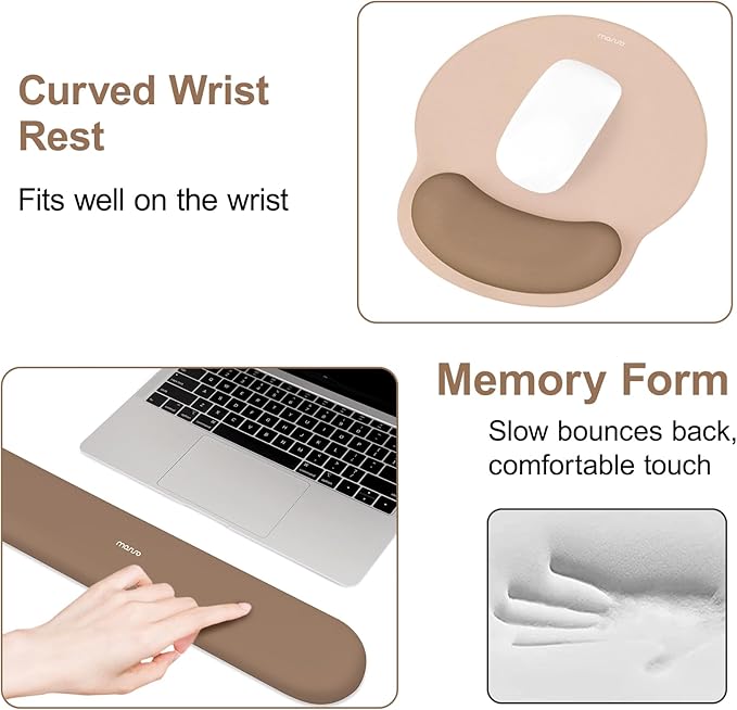 MOSISO Wrist Rest Support for Mouse Pad&Keyboard Set, Circle Curved Ergonomic Mousepad&Coaster Non-Slip Base Home/Office Wrist Support&Easy Typing Pad with Soft Cloth&Silicone Lining, Mocha