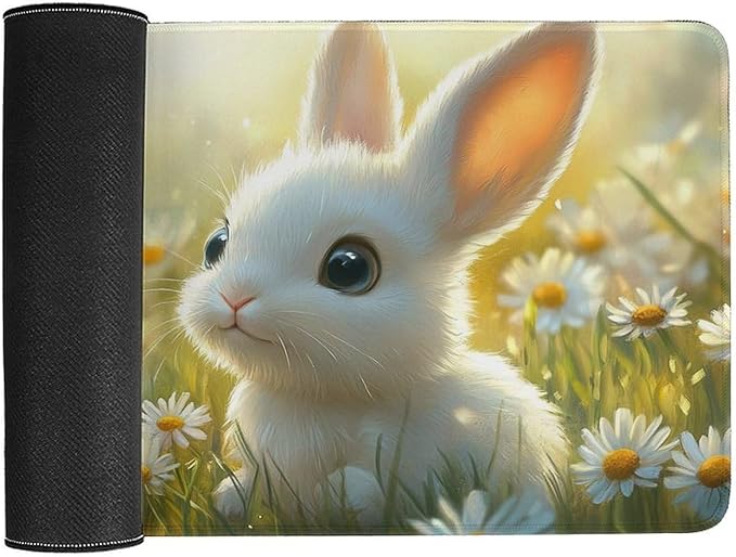 Large Ergonomic Gaming Mouse Pad Baby Bunny in Daisy Field - Sweet Rabbit Theme with Non-Slip Base Water-Resistant Surface and Stitched Edges 40X75cm