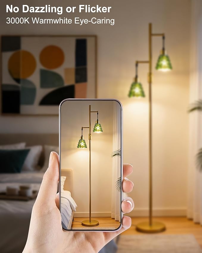 2-Light Glass Floor Lamp, Gold Tall Standing Lamps Dimmable with Green Glass Lampshade, 3000K Warmwhite Mid Century Modern Floor Lamp for Living Room/Bedroom/Sofa Beside/Home Decor