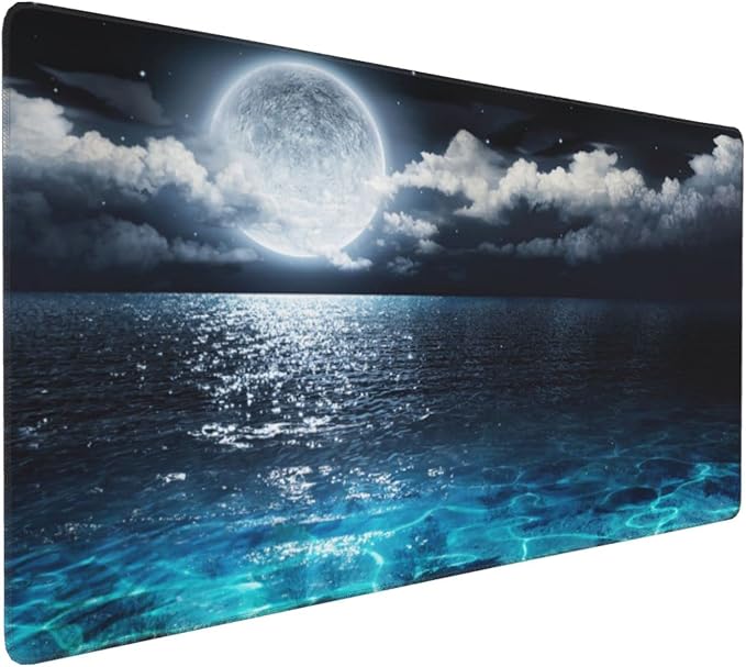 Gaming Mouse Pad,Large Mouse Pads for Desk,Non-Slip Rubber Base Extended Mousepad,XXL Keyboard Mouse Mat,Computer Keyboard Desk Pad with Stitched Edges,35.4x15.8inch,Full Moon On Sea Night