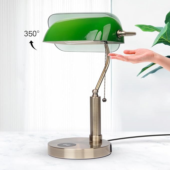 FIRVRE Glass Bankers Desk Lamp with Wireless Charger, 2 USB Charging Port, Vintage Desk Lamp with Pull Chain Switch, Retro Table Lamps for Home Office, Piano, Library (Bulb Included)