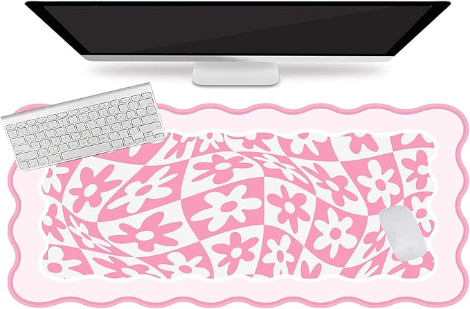 L-SPOUTTO Pink Mouse Pad,Retro Desk Mat XXL Large Scalloped Gaming Mousepad,35.4x15.7in Non-Slip Rubber Base Keyboard Pad Waterproof Desktop Mat for Laptop Computer Work Game Home Office-Pink Daisy