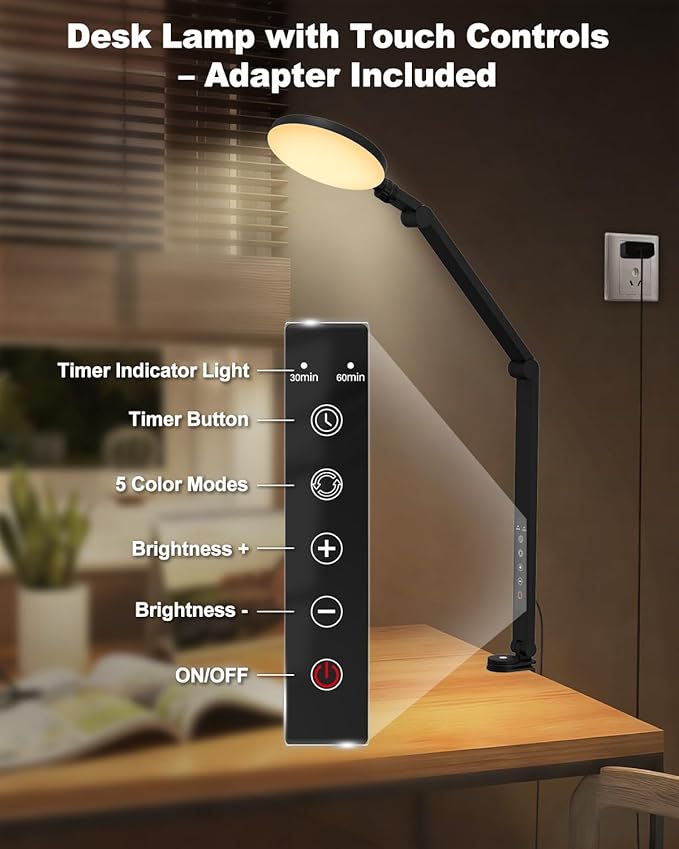Desk Lamp, ZAPLIT 10W LED Desk Light with Clamp & Adjustable Arm for Home Office, Touch Control Eye-Care Light for Reading with 5 Color Temps (1700K-6000K) & 10 Brightness, Timer, USB Adapter Included