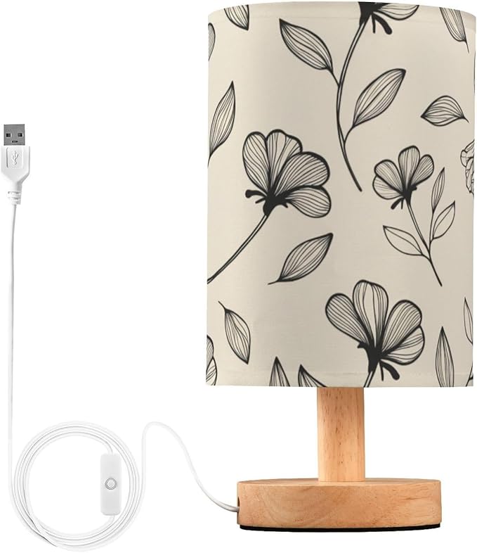 Beige Floral LED Table Lamp, Bedside Lamp with Linen Lampshade, Flicker-Free Eye Care USB Plug in Nightstand Lamp, for Bedroom and Office