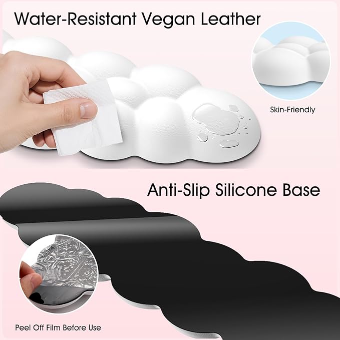 Cloud Wrist Rest for Computer Keyboard, 4-in-1 Memory Foam Leather Cloud Keyboard Wrist Rest and Mouse Pad Set with Ergonomic Support for Arm and Palm Cushion, Gaming/Work Setup, White