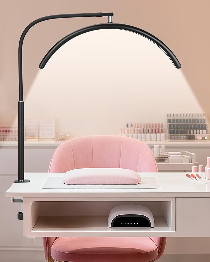 Professional Half Moon LED Desk Light for Nail Techs & Artists – Flexible Gooseneck Arch Table Lamp with Clamp, 5 Color Modes & 5 Brightness Levels for Manicure, Tattoo, Beauty Work