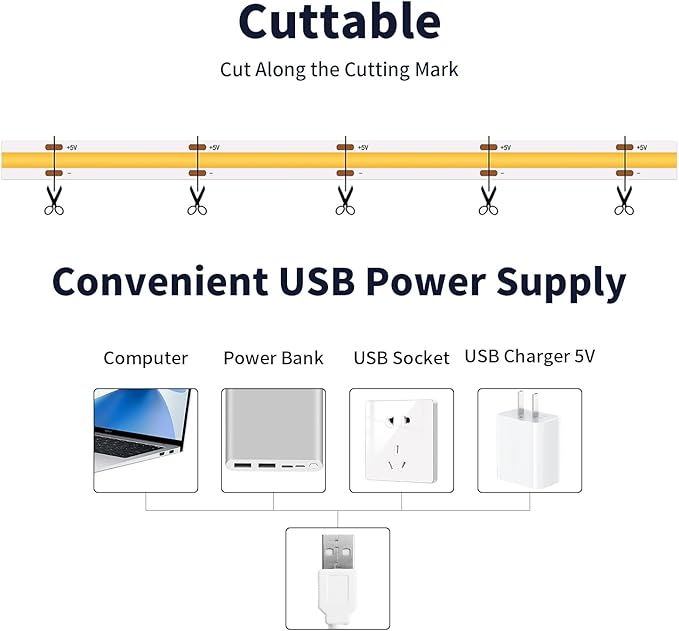 6.56FT2M COB LED Strip Lights, 6000K Cold White USB LED Tape Light, 640LEDs High Bright CRI93+ Dimmable Flexible Lights Light for Bedroom, TV Backlight, Mirror, Cabinet Lighting
