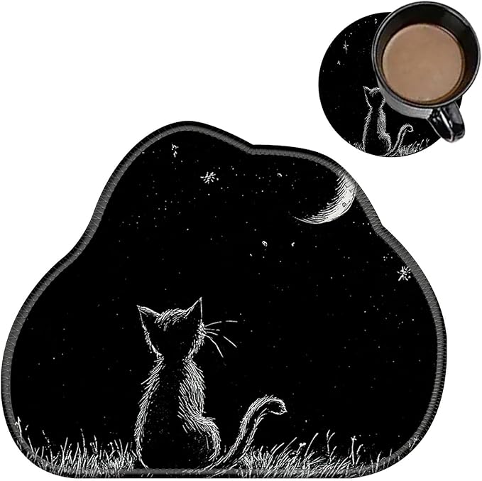 Cute Mouse Pad Plus 1 Coaster, Small Gaming Mouse Mat 11.8 x 9.45 inches, Travel Mouse Pads with Durable Stitched Edges Non-Slip Base, Black Cat Moon Decor Mousepad for Office Home
