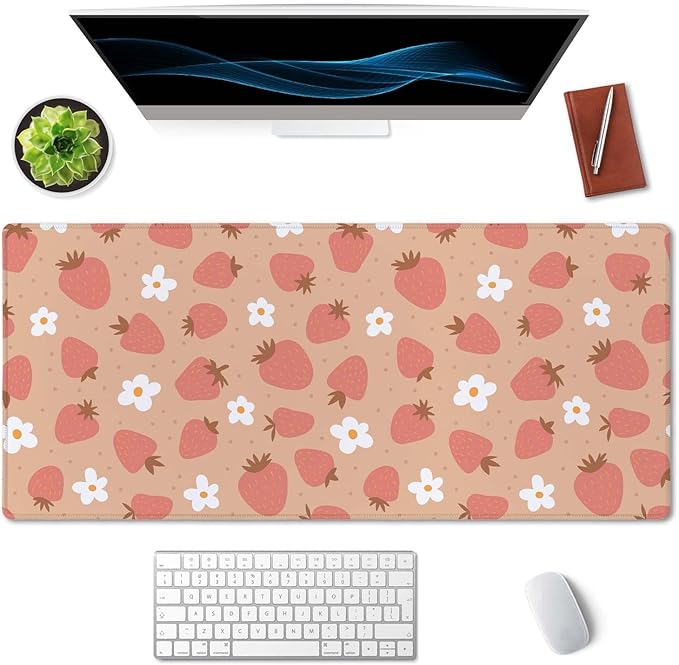 SSOIU Large Mouse Pad, Full Desk XXL Extended Gaming Mouse Pad 35.5" X 15.7", Waterproof Desk Mat with Stitched Edge, Non-Slip Laptop Computer Keyboard Mousepad for Office & Home, Strawberry and Daisy