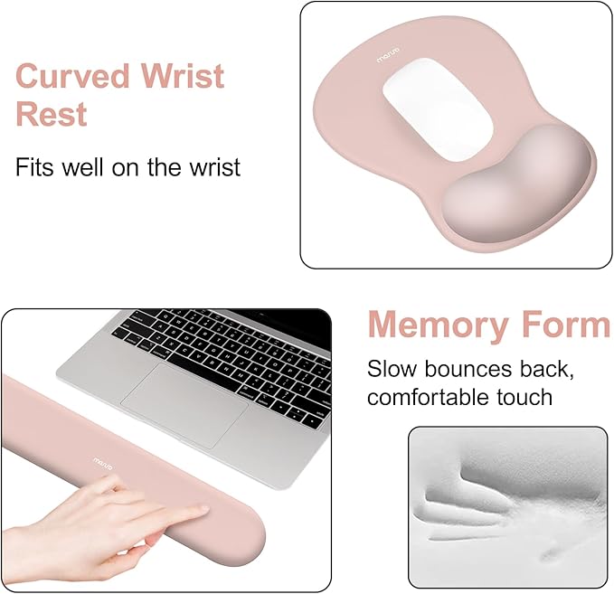 MOSISO Wrist Rest Support for Mouse Pad&Keyboard Set, Curved Ergonomic Mousepad&Coaster Non-Slip Base Home/Office Pain Relief&Easy Typing Cushion with Soft Cloth&Silicone Lining, Pink