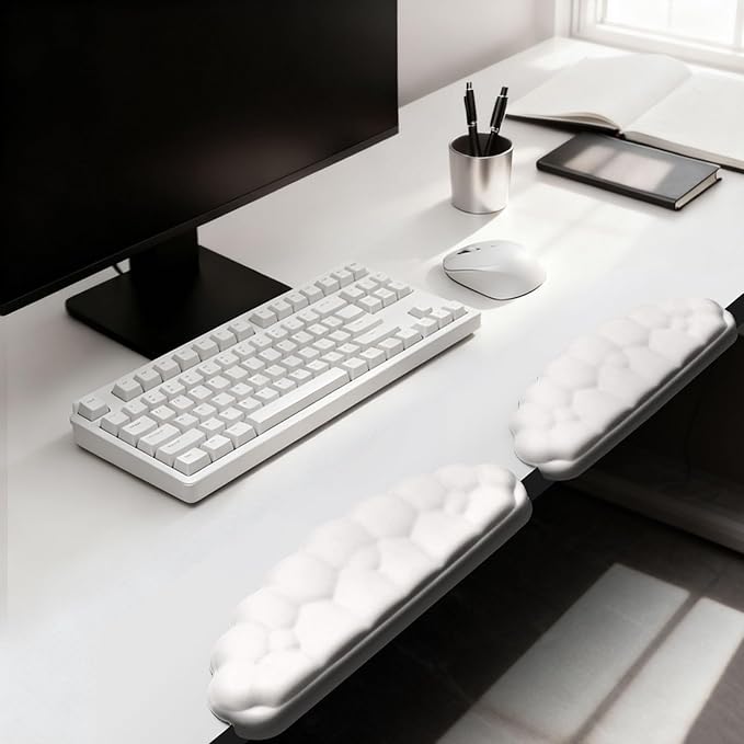 2 Pack Cloud Desk Elbow Pads, Adjustable Spacing Soft Memory Foam with Non-Slip Base, Ergonomic Desk Edge Cushion & Wrist Rest for Computer Keyboard, Office and Home Use White