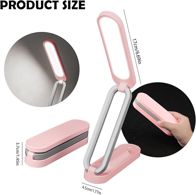 Rechargeable LED Desk Lamp, Foldable Portable Table Light with 3 Brightness Levels,Type-C USB Charging,Small Desk Lamp,Portable Bedside Wireless Reading Light,Home, Office, Nail Art,Craft,Pink