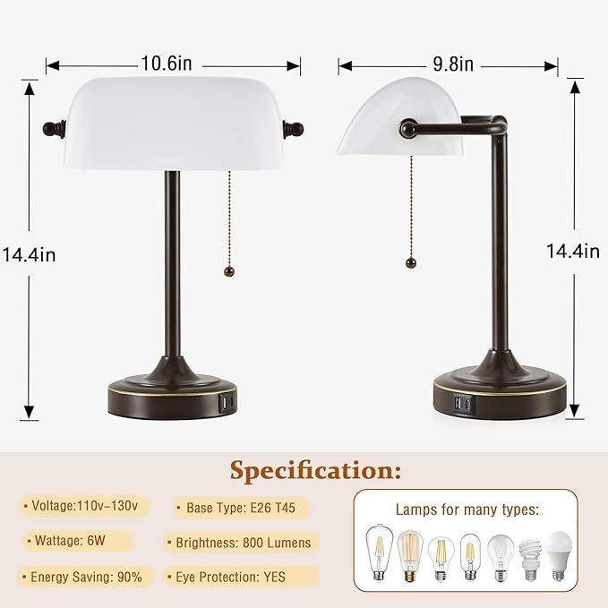 Vintage Desk Lamp Bankers Lamp - Plastic Lampshade Brown Retro Table Lamp with USB & Type C Charging Ports Traditional Library Lamp for Home Office Bedroom Nightstand Side Table Lamp(Bulb Included)