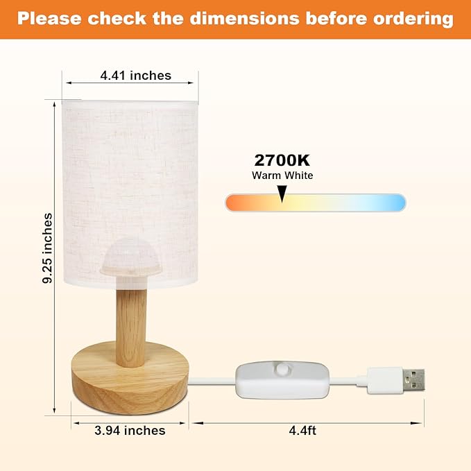 Small Bedside Table Lamp with USB Powered, Minimalist Rustic Wood Base &Linen Shade, 2700K Warm Eye-Care Night Light, Farmhouse Boho Nightstand Lamp for Bedroom Dorm Nursery Kids Room Kitchen