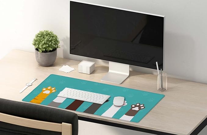 SSOIU Large Mouse Pad, Full Desk XXL Extended Gaming Mouse Pad 35.5" X 15.7", Waterproof Desk Mat Stitched Edges, Non-Slip Laptop Computer Keyboard Mousepad for Office and Home, Cat Paws
