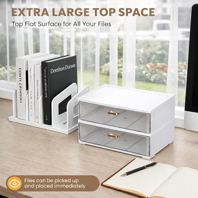 White Acrylic Desk Organizer with Drawer & File Holder, Stackable Modular Storage System, Multi-Layer Desktop Organizer, Space Saving Desk Organizer for Home Office & Study
