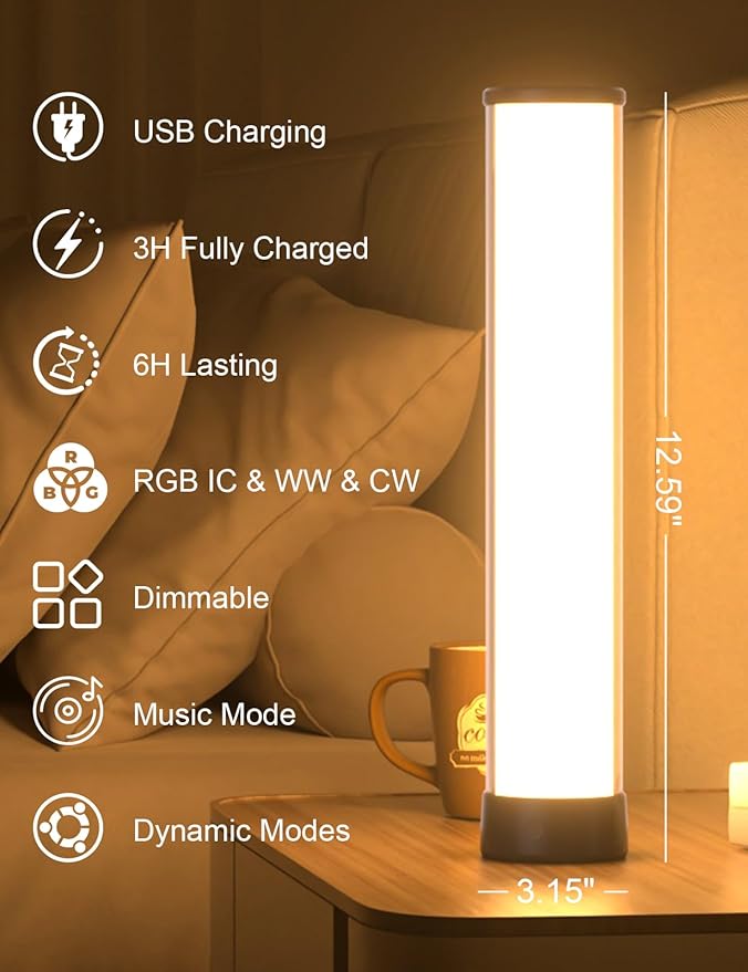 Rechargeable Table Lamp, RGB IC LED Light Bar, 1500 Lumens, APP & Remote Control Bedside Table Lamp with Music Sync, Color Changing Ambient Lighting for Bedside Table Desk Monitor Gaming Black