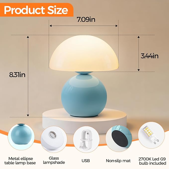 NIORSUN Mushroom Lamp Table Lamp for Bedroom, Portables Cordless Table Lamp,Wireless lamp,Small Bedside Table Touch Lamps for Living Room,Mini Mushroom 5200mAh Battery Operated Lamp Modern Blue