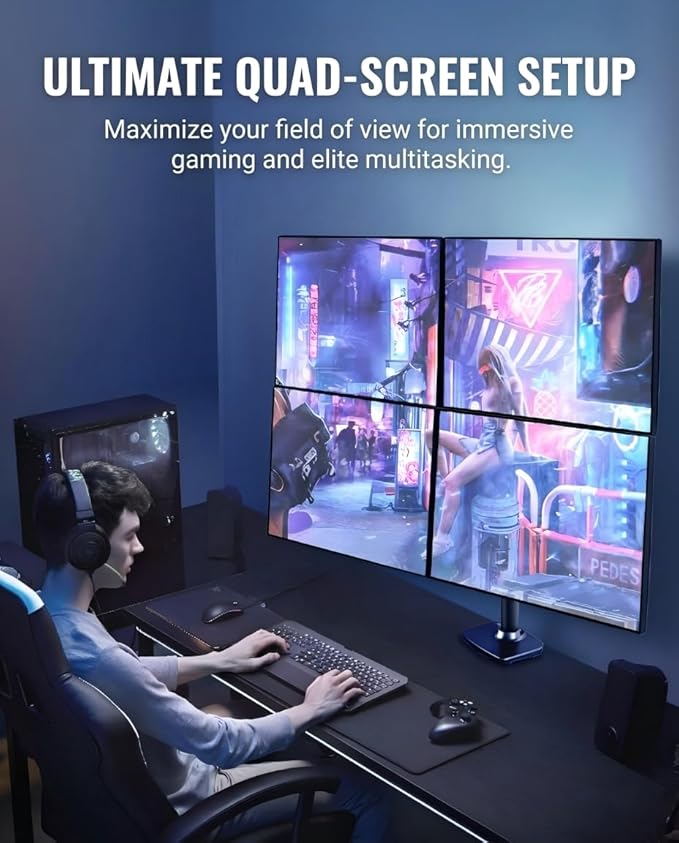 Quad Monitor Mount, Holds Screens up to 40 Inches and 25 lbs, Fully Adjustable 4 Monitor Stand with C-Clamp and Grommet Base, Aluminum, Black