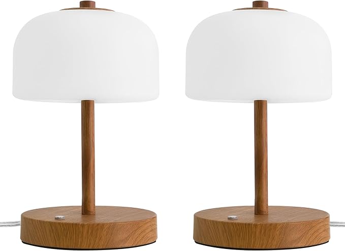 Oneach 9" Touch Control Table Lamp Set of 2, Wood Grain Dimmable LED Bedside Lamp with 3 Color Temperatures, USB A+C, Small Modern Table Lamps for Bedroom Nightstand Living Room
