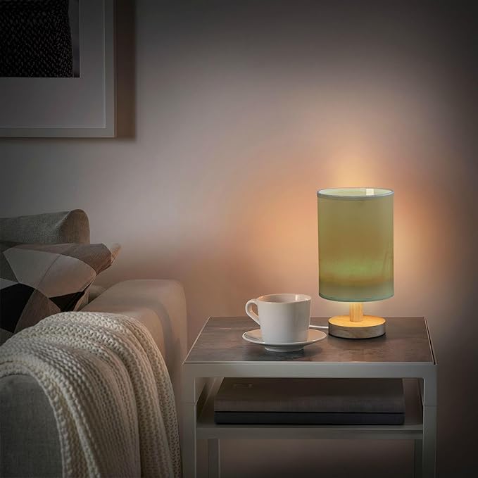 Olive Green Solid Color Bedside Table Lamp for Bedroom Nightstand, Small Eye Care LED Desk Reading Lamp USB Port Wood Base Round Flaxen Fabric Shade for for Kids Room Living Room Office Desk