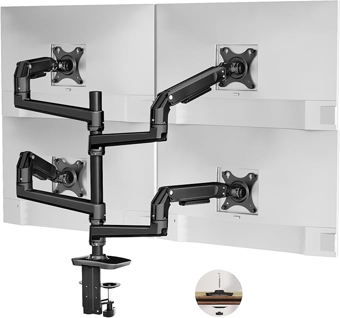 Quad Monitor Mount, Holds Screens up to 40 Inches and 25 lbs, Fully Adjustable 4 Monitor Stand with C-Clamp and Grommet Base, Aluminum, Black