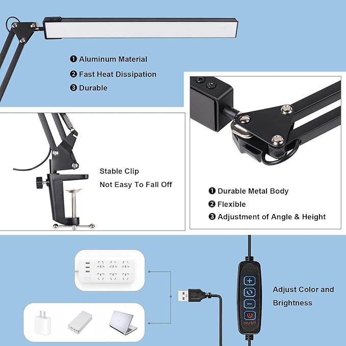LED Desk Lamp for Home,Office,Reading,Adjustable Eye-Caring Desk Light with Clamp,Swing Arm Lamp Includes 3 Color Modes,10 Brightness Levels Table Lamps with Memory Function