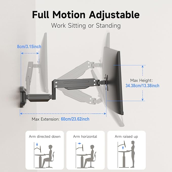 suptek Single Monitor Wall Mount for 13 to 32 Inch Screens, Gas Spring Monitor Arm Wall Mount Holds Up to 10KG/22lbs, Full Motion Adjustable,VESA Mount 75x75/100x100mm(WM18)