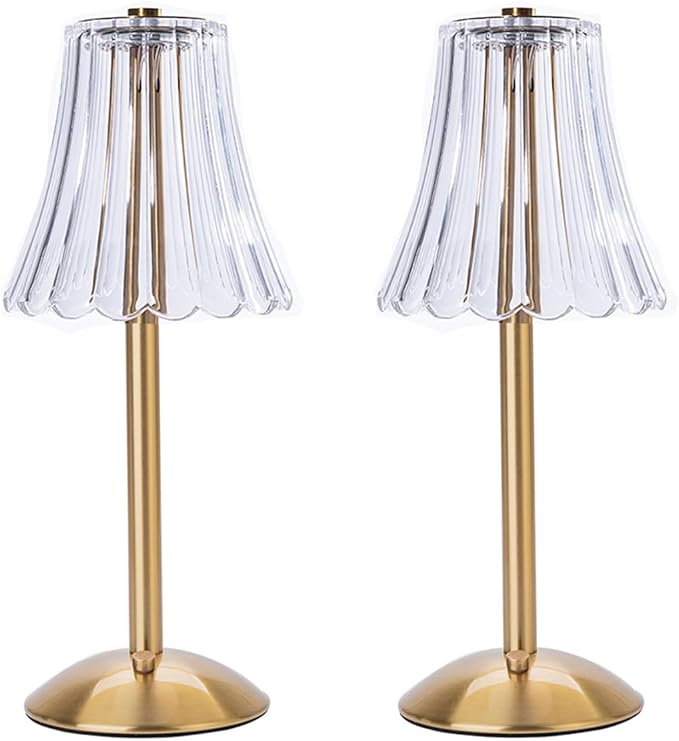 Cordless Table Lamps for Home,Table,Dining Room, Gold Rechargeable Lamps, USB Charge 12'' Tall LED Brass Portable Outdoor Indoor Table Lamp with Built-in Dimmer (Pack2 Gold Flower Lamp)