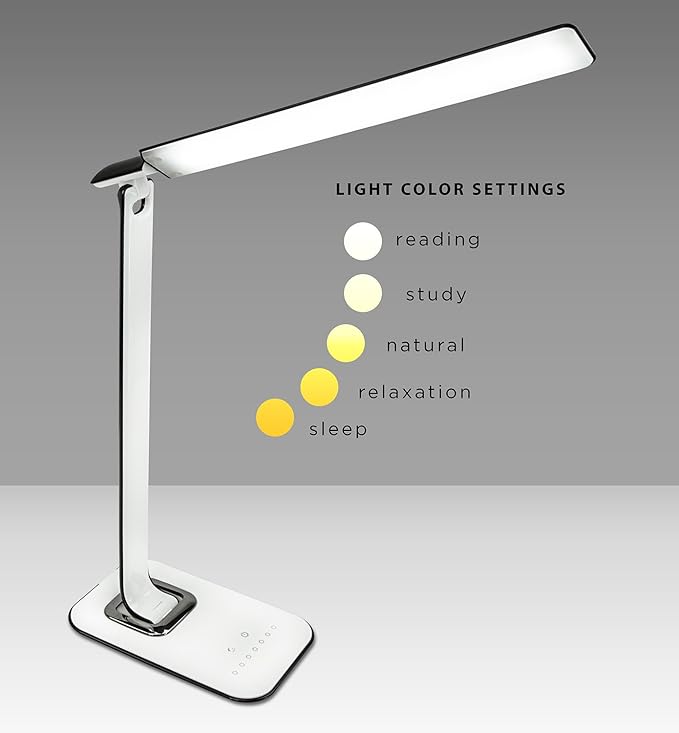 Turcom LED Desk Lamp With USB Charging Port Dimmable Touch Controls w/Color Adjustment, Eye Care Task Lamp, 5W, 1000 Lux,Multicolor