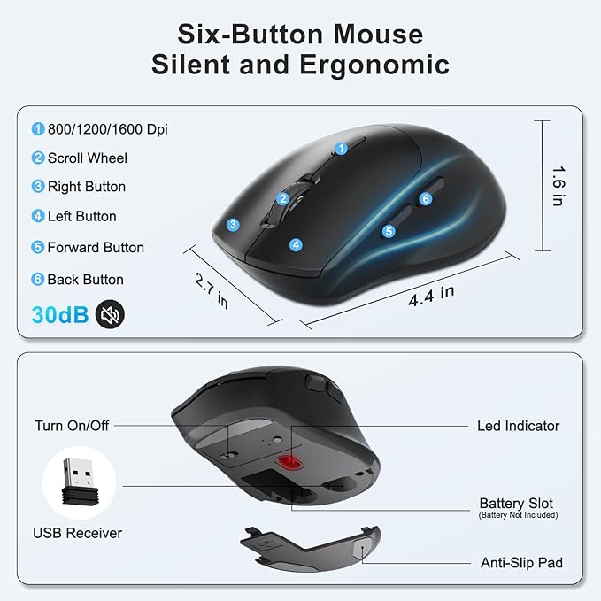 Wireless Keyboard and Mouse Combo, 2.4G Full Size Wave Keys Ergonomic Keyboard with Wrist Rest, Phone Holder, 3-Level DPI Wireless Silent Mouse with 6-Buttons, for Windows, Mac OS, Laptop (Blue Black)