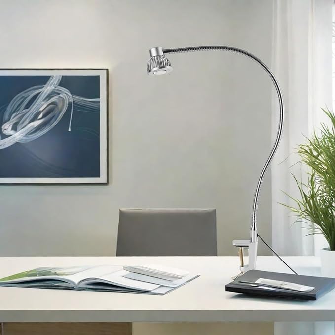 Hersi High Bright 5w 35‘’Long Flexible Arm Desk Lamp Metal Architect LED Task Light with Clamp, Adjustable Folding Twin-Arm Clip-on Table Lamp,Black for Home Office (Silver)