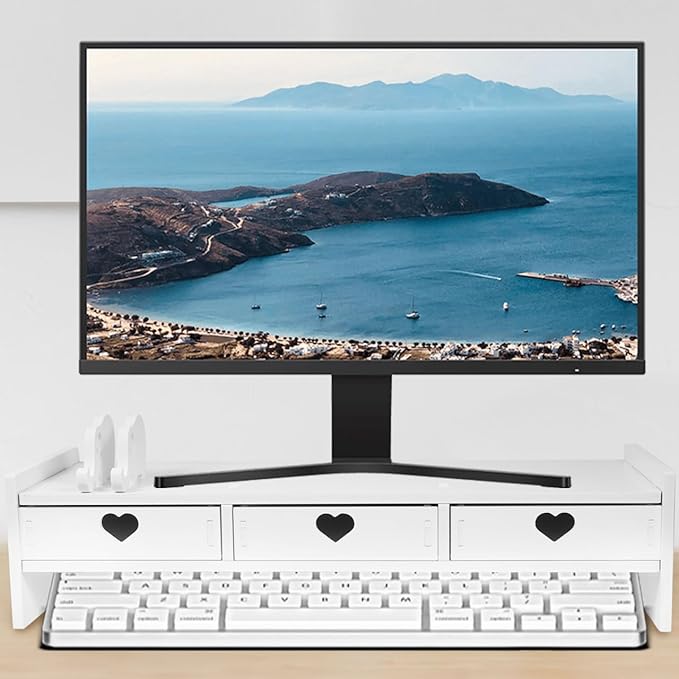 Tofficu Computer Monitor Stand Riser with 3 Drawers - Desktop Organizer with Phone Holder, White Desk Shelf for Laptop, Office Supplies & Workspace Storage