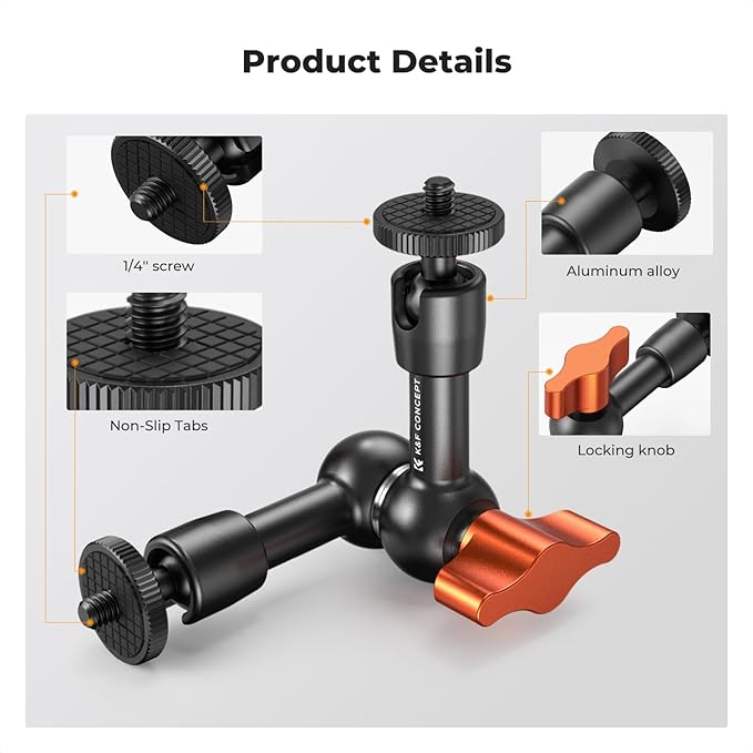 K&F CONCEPT 6" Magic Arm 1/4" Screw 360°Ballhead Articulating Mini Arm Mount for Monitor, LED Light, Webcam