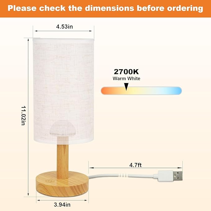 Touch Bedside Table Lamps Set of 2 - Stepless Dimming USB Powered, Minimalist Wood Base Linen Shade, 2700K Warm Night Light for Bedroom Nightstand Nursery Dorm Kitchen Small Spaces(5W LED 50K Hrs)