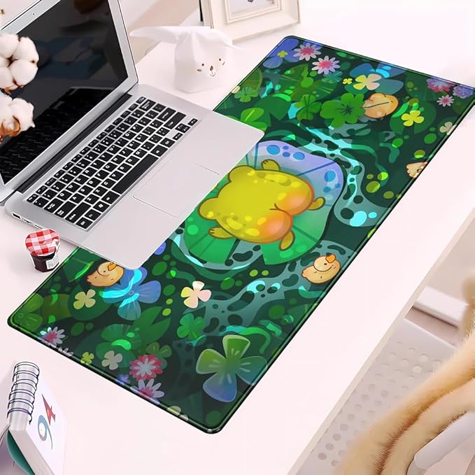 Cute Frog Desk Decor Mouse Pad Funny Desk Mat Frog Decor Desk Pad, Kawaii Green Desk Mat for Keyboard and Mouse, Gaming Mouse Pad for Computer Keyboard Laptop with Stitched Eges Pad 31.5"X15.7"
