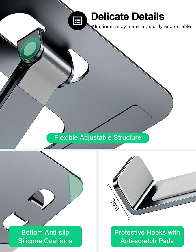 Foldable Laptop Stand, Height Adjustable Ergonomic Computer Stand for Desk, Aluminum Portable Laptop Riser Holder Notebook Mount Compatible with MacBook Pro Air, HP, Dell 10-16"(Gray)