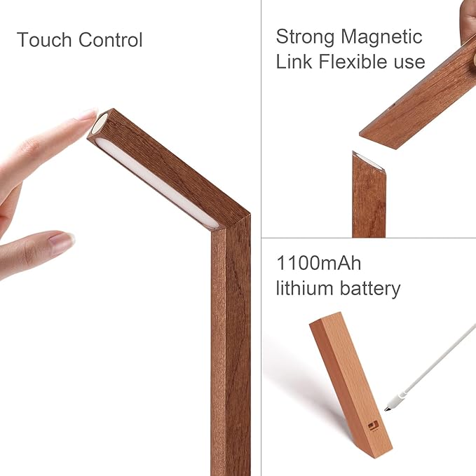 Wooden Desk Light ，Dimmable Desk Lamp for Home Office with USB Wireless Charging Port ，Touch Control RotatableDesk Adjustable Night Light(Sapele Wood)