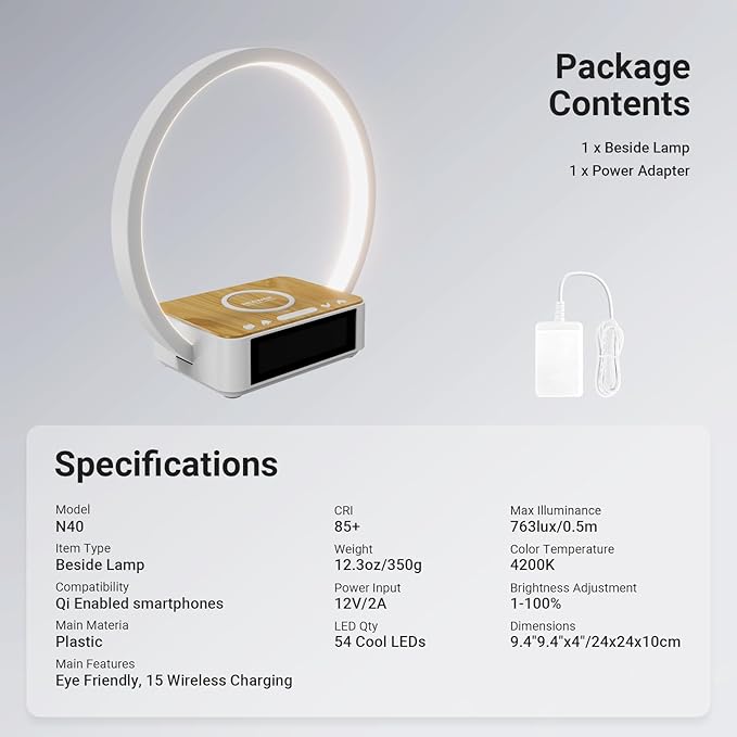 NEEWER Entry Level Version Bedside Lamp with 15W Wireless Charging Compatible with iPhone AirPods, Sunrise Alarm Clock, Dimmable Desktop LED Touch Ring Light for Bedroom Nightstand Reading, N40