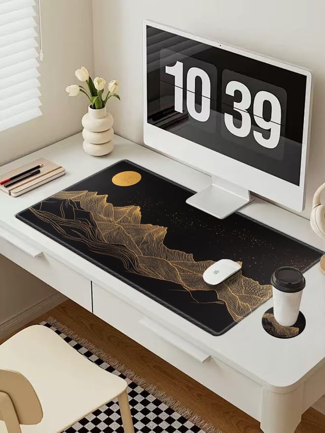 Large Mouse Pad Gaming Desk Pad Black and Gold Mountain Mousepad XXL Desk Mat 31.5''X15.75'' Extended Mouse Mat of Girl Desktop Work Computer