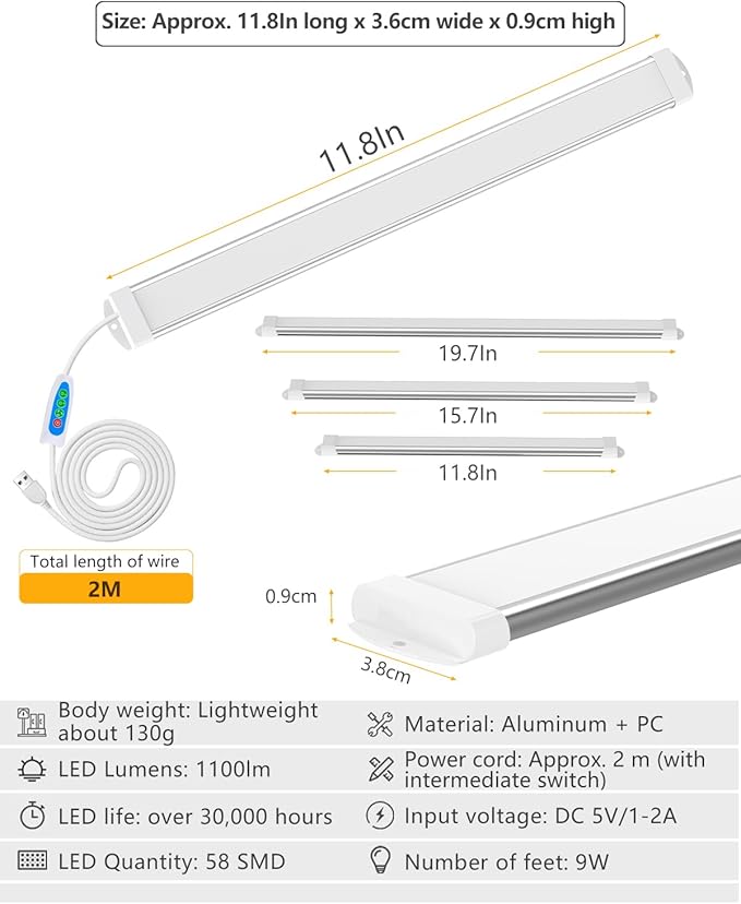 Strip Lights 11.8In Closet Lights, 9W 58 LED Super Bright, Dimming and Color Adjustment，USB Powered LED Light Bar for Room Under Counter Lighting Work Tables Student Dormitory Monitor Light