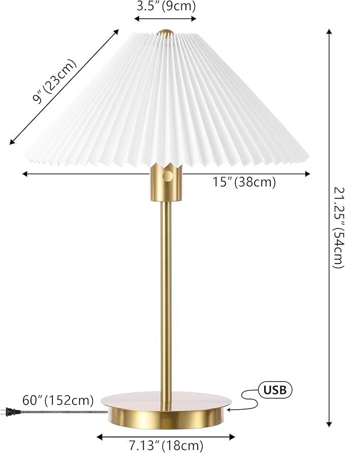 JONATHAN Y 21.25" Brass Gold Modern Glam Metal Column LED Table Lamp with USB Charging Port, Scandinavian Minimalist Bedside Lamp, White Pleated Shade, LED Bulb Included JYL1149A