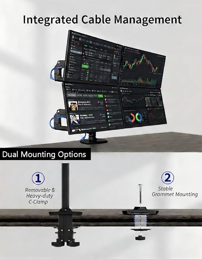 Quad Monitor Mount, Holds Screens up to 40 Inches and 25 lbs, Fully Adjustable 4 Monitor Stand with C-Clamp and Grommet Base, Aluminum, Black