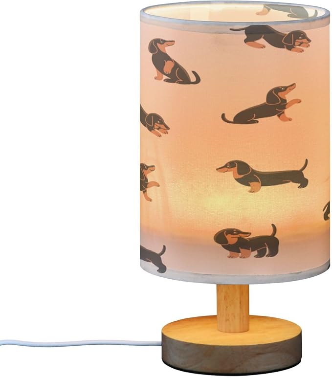 Cute Dachshund Dog Bedside Table Lamp for Bedroom Nightstand, Small Eye Care LED Desk Reading Lamp USB Port Wood Base Round Flaxen Fabric Shade for for Kids Room Living Room Office Desk